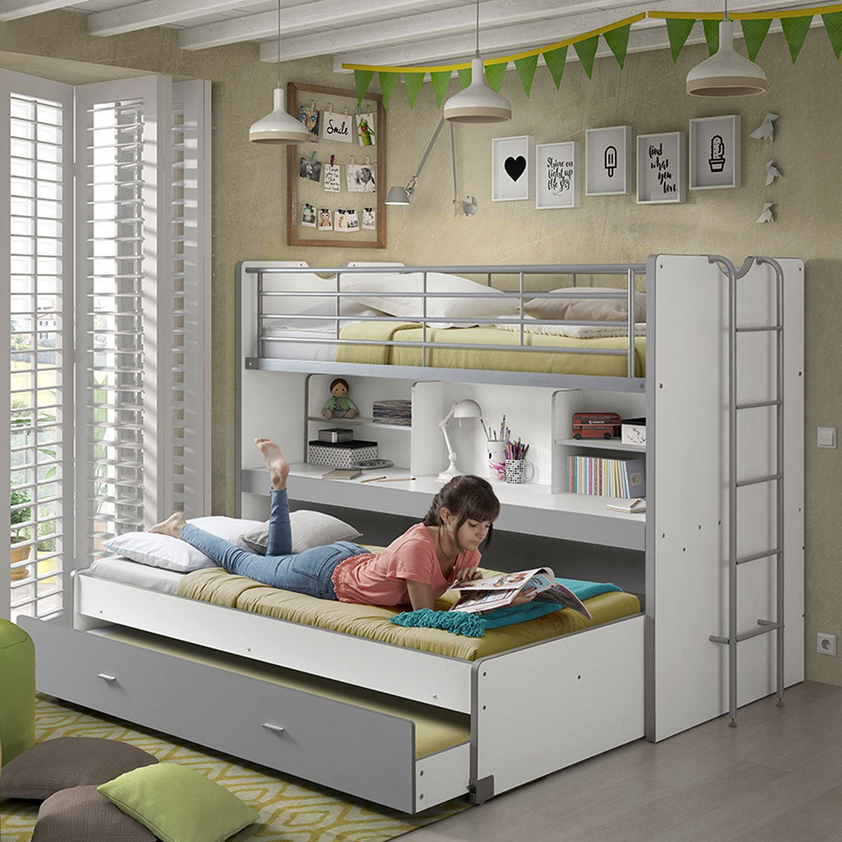 Lit Superposé avec Bureau & Rangements Intégrés